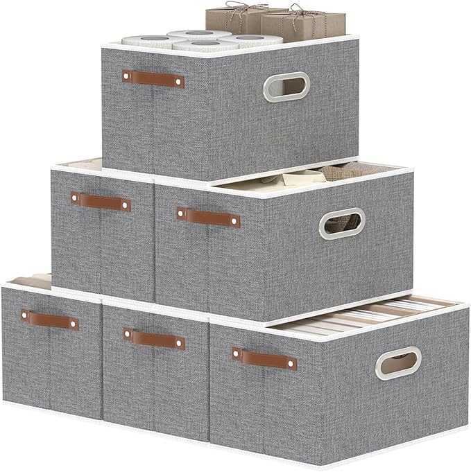Yawinhe Fabric Storage Baskets, Foldable Closet Organizer for Shelves, Large Boxes with 3 Handles, Canvas Bins for Clothes, Grey, 12.99''Lx9.05''Wx7.87''H, 6-Pack-NeatNest