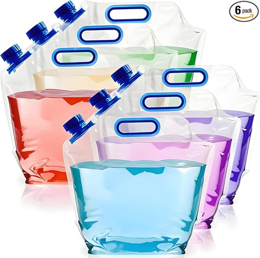 AVLA 6 Pack Collapsible Water Container Bag, 1.5 Gal Clear Plastic Foldable Storage Jug, No-Leak Freezable Camping Carrier Tank, Folding Hiking Hydration Canteen for Outdoor Sport Riding Mountaineer