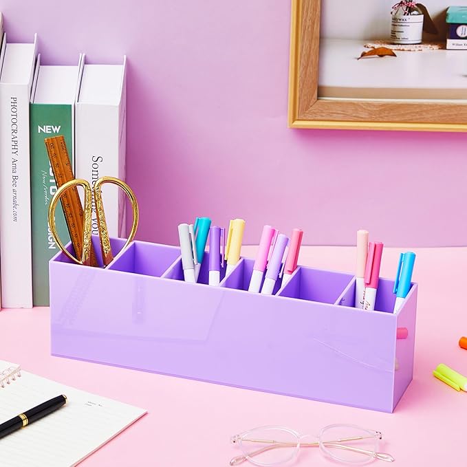 Jetec Acrylic Pen Holder 6 Compartments Makeup Brush Stationery Organizer Pencil Holder for Desk Accessories, Cosmetic Brushes, Dorm, Home, Bathroom, Kitchen, Office Supplies(Purple)-NeatNest