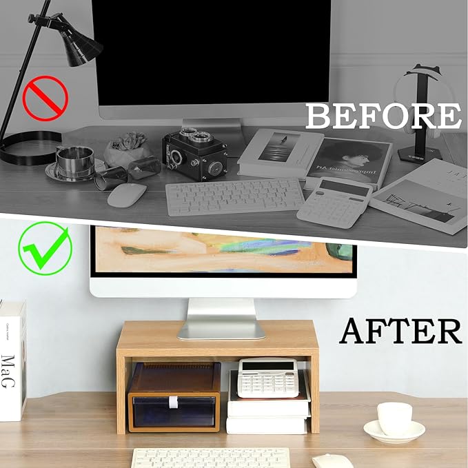 TEAMIX Higher Monitor Stand Riser, Wood Monitor Riser with Storage for Desk Small Monitor Stand TV/Screen/PC/Laptop Riser Computer Stand Desktop Shelf-NeatNest