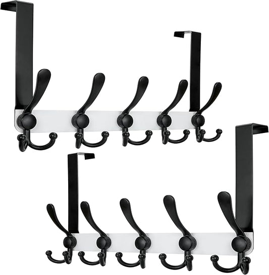 Dseap Over Door Hook 2.0 - Upgraded Version - Simple-Assembly, Strong, Heavy-Duty Stainless Steel 5-Tri-Hook Over The Door Hanger Rack, SimpleStrong Series, White & Black, Pack of 2