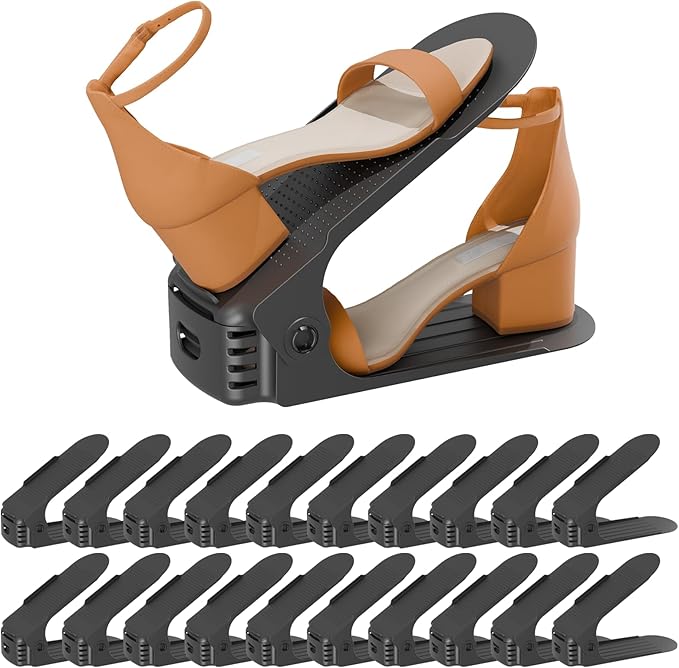 Shoe Slots Organizer, 20PCS Adjustable Double Layer Stack Shoe Rack, 50% Space-Saving Storage Rack Holder, Black-NeatNest