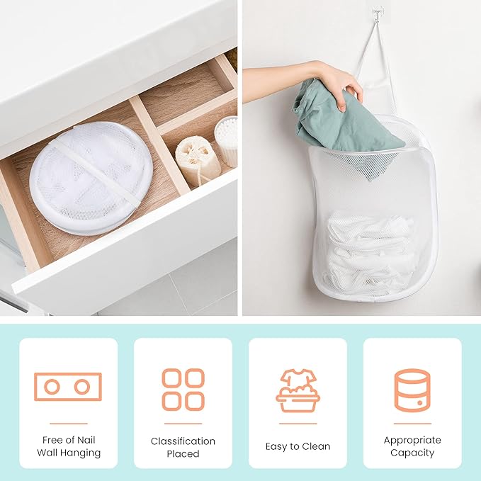3 Pieces Hanging Laundry Hamper Laundry Bag to Hang Foldable Mesh Hamper Dirty Cloth Basket with Carry Handle Door Net for Store Cloth, Toy, Camping, Hotel Use-NeatNest