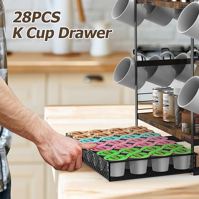Coffee Station Organizer, 3 Tier Bar Organizer for Countertop, Mug Cup Holder Stand With 12 Hooks and 28 K Cup Storage for Kitchen, Home & Office, Rustic Brown-NeatNest