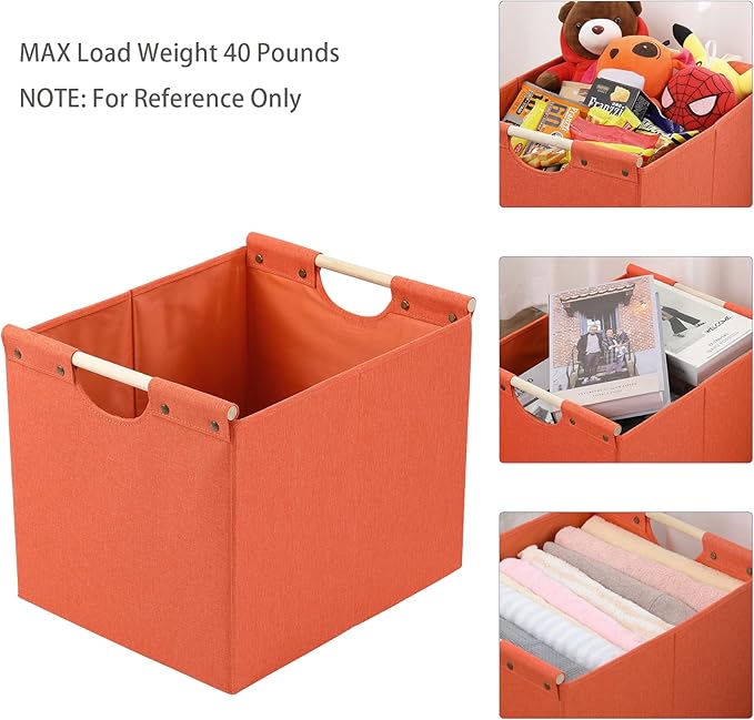 HOONEX Large Collapsible Storage Bins, Linen Fabric, Pack of 2, Storage Baskets with Wooden Carry Handles and Sturdy Heavy Cardboard, for Home, Office, Car, Nursery, Orange