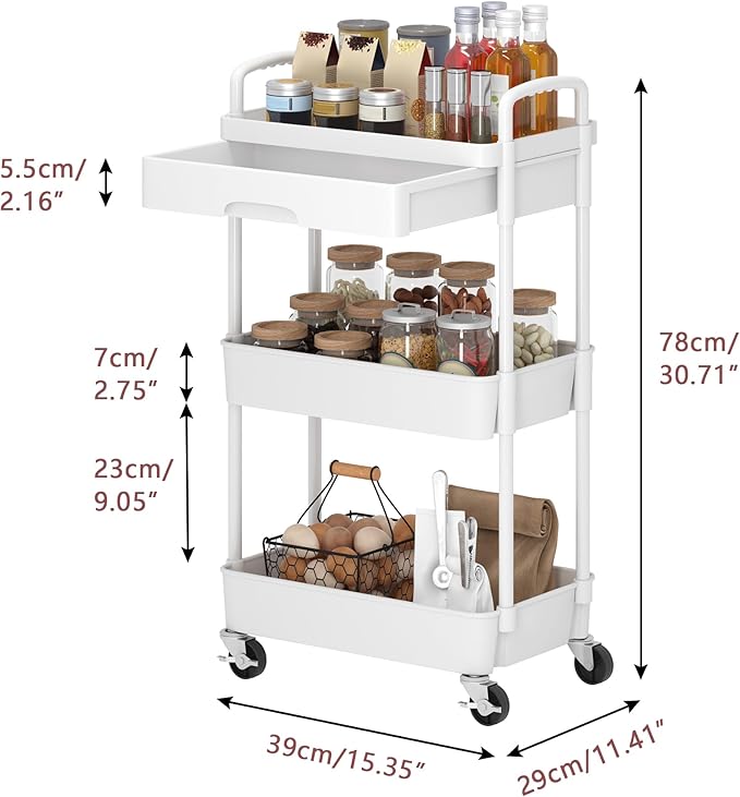 Dttwacoyh 3-Tier Rolling Cart，Trolley with Drawer, Multifunctional Storage Organizer with Plastic Shelf & Metal Wheels, Kitchen Storage Cart for Living Room, Kitchen, Office, Bathroom, White