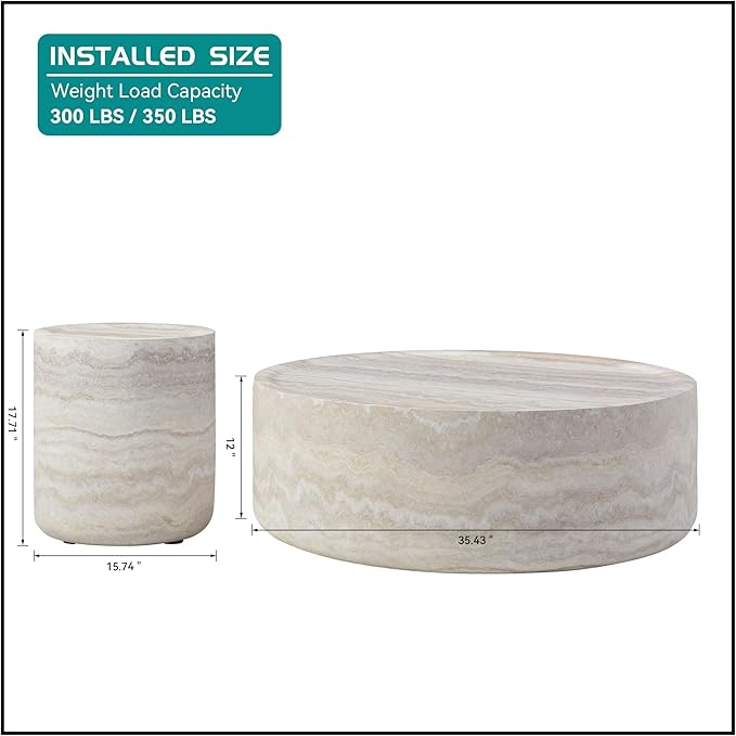 kevinplus Round Faux Stone Coffee Table Side End Table Set of 2 for Living Room, Modern Contemporary Circle Drum Style, Fiberglass Material, No Assembly (Mars Texture, 2-Pcs)