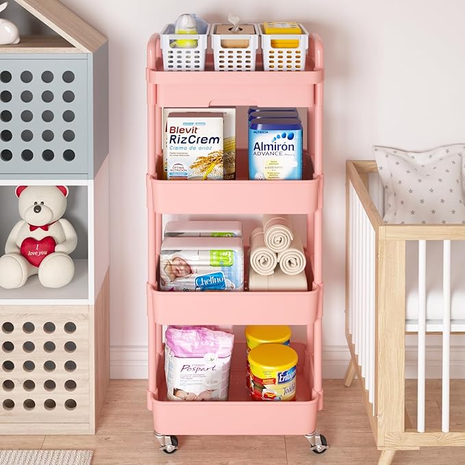 Calmootey 4-Tier Rolling Utility Cart with Drawer,Multifunctional Storage Organizer with Plastic Shelf & Metal Wheel,Storage Cart for Kitchen,Bathroom,Living Room,Office,Pink-NeatNest