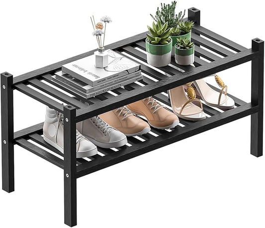 Shoe Rack 2-Tier Organizer-Stackable Storage Shelf with Multi-Function Combinations-Free Standing Bamboo Shoe Racks for Closet,Entryway,Hallway,Bathroom,Living Room Shoe Organization (Black, 2-Tier)-NeatNest
