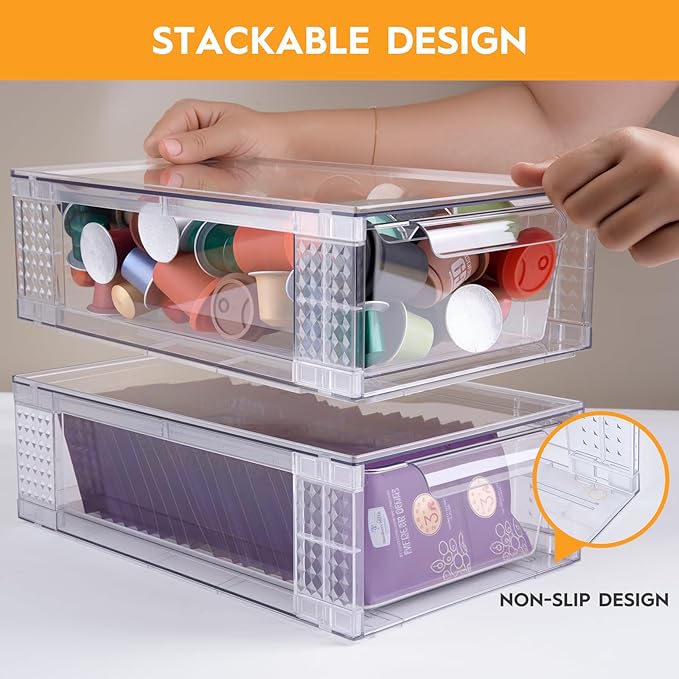 2 Pack Clear Stackable Storage Drawers, 3.95" H Easily Assemble Acrylic Organizer Bins - Multi-Use for Make up, Closet, Pantry, Bathroom, Medicine, Kitchen Cabinet & Undersink Organization-NeatNest