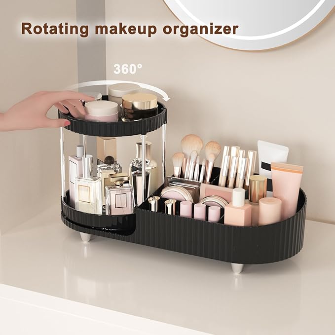 Makeup Organizer Countertop for Vanity with 360 Rotating Perfume Trays, 7-Compartment Skincare Organizers and Make Up Desk Storage, Cosmetic Organizer with Brush Holder for Bedroom Bathroom Counter-NeatNest