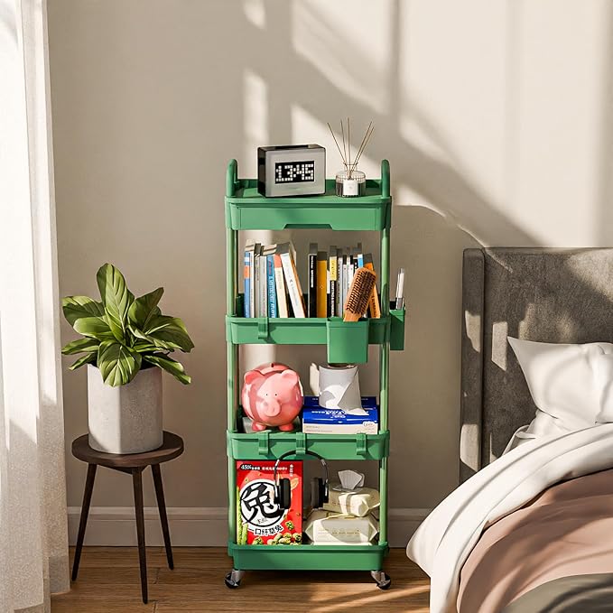 4 Tier Rolling Cart Organizer,Art Craft Diaper Bedside Snack Laundry Room Bathroom Organizer Narrow Thin Slim Rolling Trolley Utility Cart with Wheels for Kitchen,Office(Green)-NeatNest