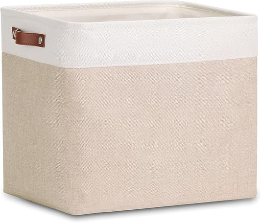 DULLEMELO Large Collapsible Storage Basket/Bin with Sturdy Leather Handles, Fabric Organizer Bin for Storage Clothes, Toys, Books, Office, Bedroom, Closet, Nursery & Laundry (White&Khaki)-NeatNest
