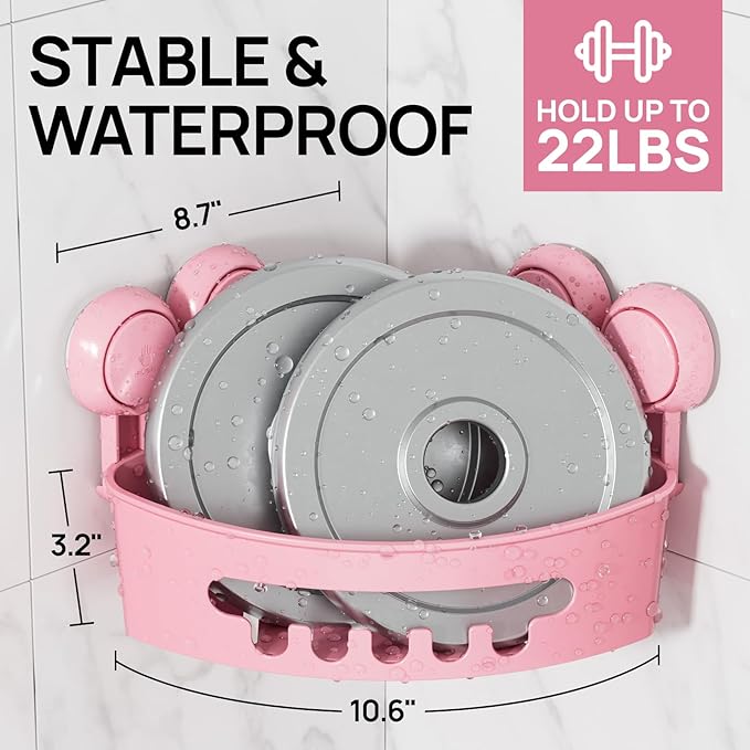 LEVERLOC Corner Shower Caddy Suction Cup, shower shelves suction cup, 2 Pack Basket Powerful Bathroom, Waterproof & Oil-proof Organizer for Kitchen, No-Drilling Removable (Pink)