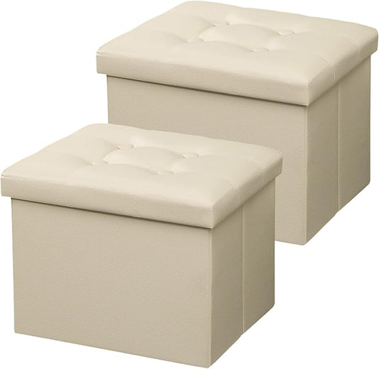 AmasSmile Storage Ottoman Folding Foot Rest Stool, Leather Footstool Bench, Short Ottoman Stool, Storage Foot Rest Store, Books (Beige-2pc, 17" D x 13" W x 13" H)-NeatNest