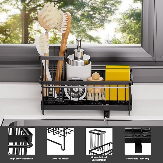 Sponge Holder for Kitchen Sink, Sink Caddy with Dishcloth Holder Self Drain Tray, Rustproof Kitchen Sink Organizer for Sponge, Soap Dispenser Kitchen Organizers Storage (Black Large)