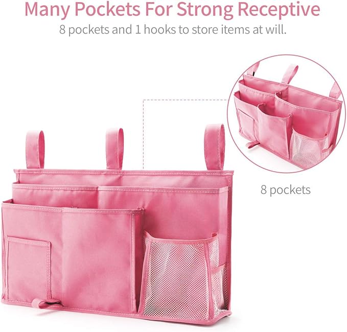 Bseash Bunk Bed Organizer, Bedside Caddy Hanging Bed Organizer Storage Bag 8 Pockets, for College Dorm Rooms Bed, Hospital Bed, Baby Bed Rails, 600D Oxford Cloth (Pink)-NeatNest