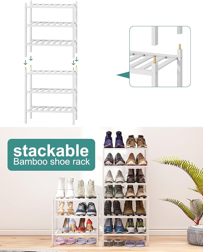 Small Shoe Rack for Entryway, White Shoe Organizer for Closet, Bamboo Wood Standing Shoe Shelf for Indoor Outdoor (White, 3-Tier_Samll)-NeatNest