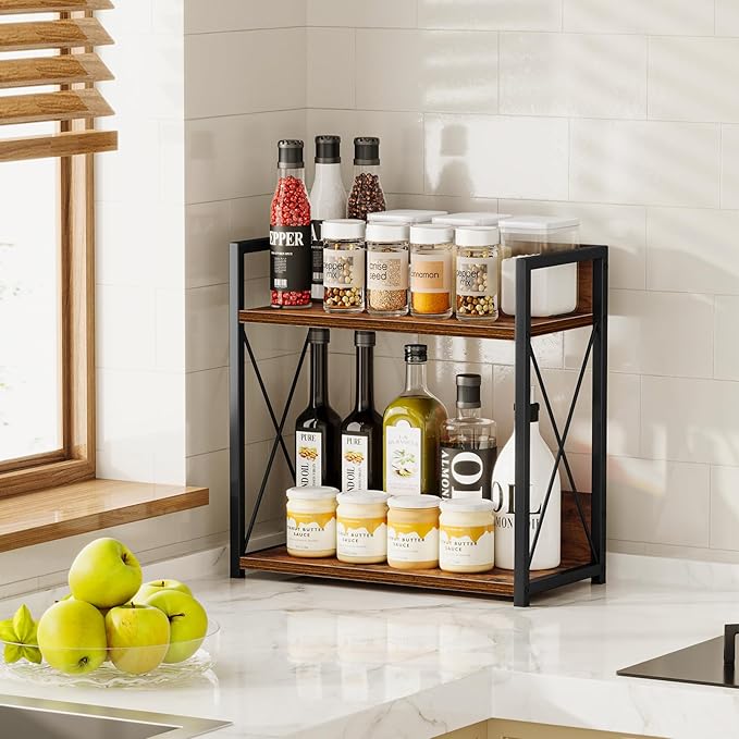 Giikin Kitchen Counter Shelf, Kitchen Countertop Organizer, 2 Tier Spice Rack for Counter, Wood Coffee Bar Organizer for Coffee Station (Brown, L)-NeatNest