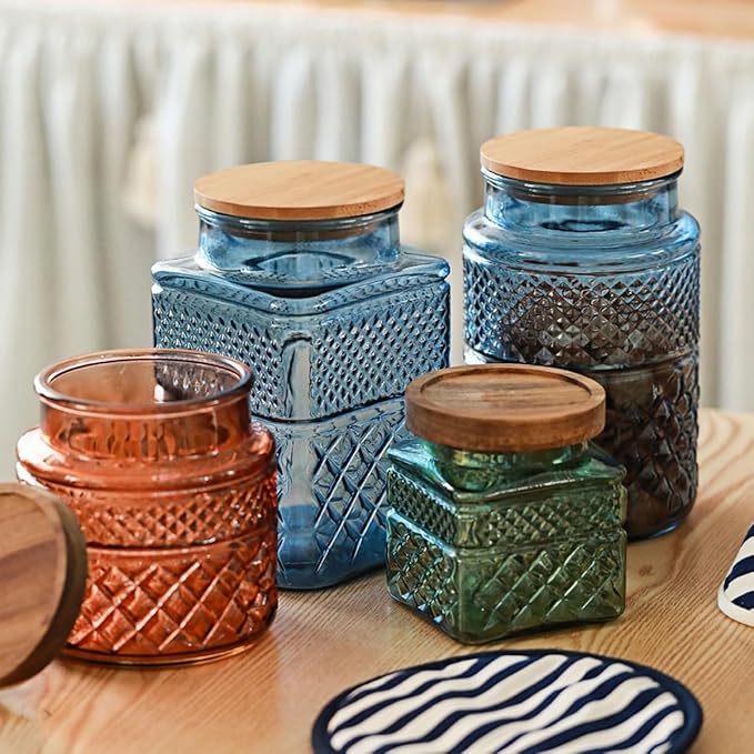20.3oz Square Glass Canister, Candy Jar with Lid, Glass Food Storage Container for Ground Coffee, Tea, Sugar, Decorative Mason Jar Cute Jars (Blue)