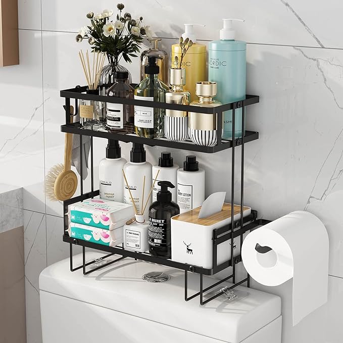 Godboat Bathroom Organizers, 2-Tier Over Toilet Storage, Floating Shelves with 2 Hooks & Paper Holder, Wall Mounted Shelf Furniture, Cool Accessories & Decor, Gifts for Women, Mothers Day (Black)-NeatNest