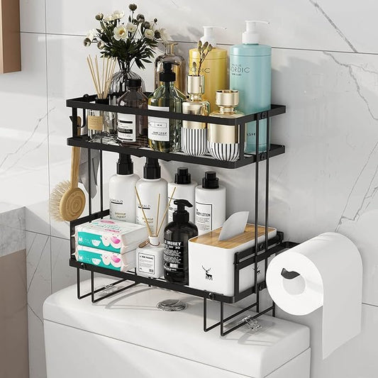 Godboat Bathroom Organizers, 2-Tier Over Toilet Storage, Floating Shelves with 2 Hooks & Paper Holder, Wall Mounted Shelf Furniture, Cool Accessories & Decor, Gifts for Women, Mothers Day (Black)-NeatNest