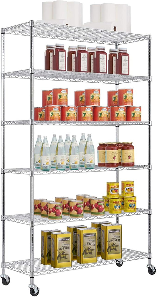48" D×18" W×82" H Wire Shelving Unit Metal Shelf with 6 Tier Casters Adjustable Layer Rack Strong Steel for Commercial Restaurant Garage Pantry Kitchen Garage，Chrome-NeatNest