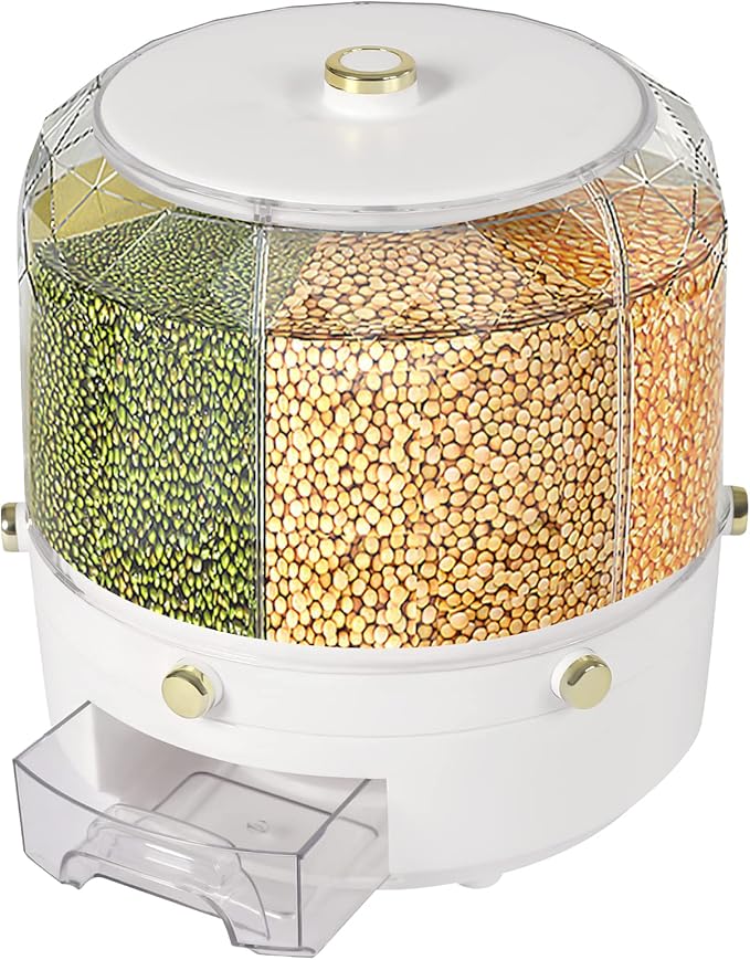 6-In-1Grain Dispenser, Rice & Grain Storage Container, Rotatable Sealed Grain Food Storage, One-Button Pressing Storage Bucket for Grains Snacks Candy Coffee Beans Dog Food Dispenser-NeatNest