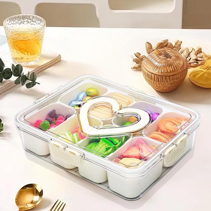 2 Pack Snackle Box Container,snack box-Divided Serving Tray with Lid and Handle with 8 Compartment,Portable Snack Serving Platters Reusable Storae Organizer for Fruits,Nuts,Candy,Party,Picnic-NeatNest