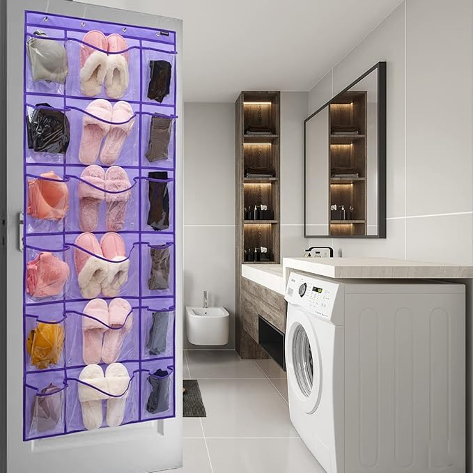 Over The Door Hanging Shoe Rack Organizer 18 Pockets Organizer with 6 Extra Large Clear Pockets for Shoe Holder Storage (18 Pockets-Purple)-NeatNest