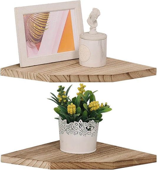 Corner Wall Shelves Set of 2, Rustic Wood Corner Floating Shelves with Cable raceway, Wall Mount Storage Display for TV Accessories, Baby Monitor, Speaker, Cable Box (Carbonized, Diamond- 10 Inch)-NeatNest