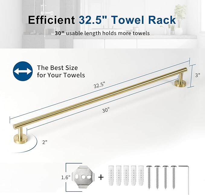 Brushed Gold Towel Bar, 30 Inch Towel Racks for Bathroom Wall Mounted, Thicken SUS304 Stainless Steel Heavy Duty Hand Towel Holder Organizer, Bathroom Accessories, Total Length 32.5 Inch-NeatNest