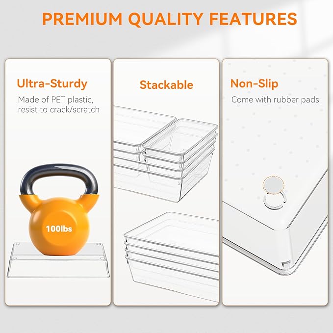 Criusia 21 Pack Large Clear Plastic Drawer Organizer Trays | BPA-Free Acrylic Organizer Bins for Large Kitchen Utensils, Bathroom, Makeup, Jewelries, Office Desk, School Supplies, Perfume-NeatNest