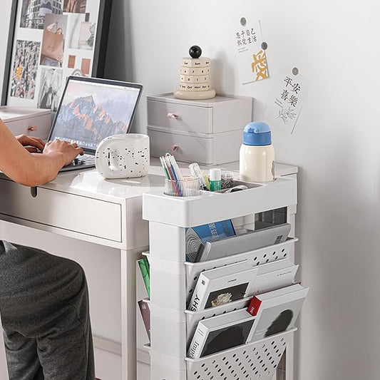 CINPIUK White Rolling Office Paper Organizer, Mobile Book Cart Document Folder File Storage with Pen Holder, Slim Rolling Storage Cart Movable Bookshelf for Office, Dorm, Classroom, Nursery-NeatNest
