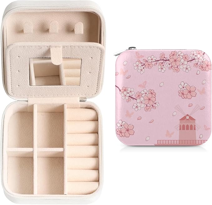Cherry Blossom Travel Jewelry Organizer, Necklace Box with Mirror, Leather Mini Travel Jewelry Case, Best Present for Women's and Girls-NeatNest