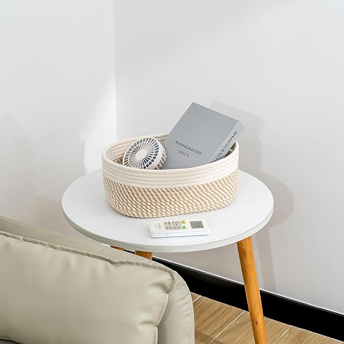 CubesLand Small Storage Baskets for Shelves, Closet Organization Bins Empty Gift Basket 2 Packs Baby Nursery Woven Organizing, Rectangular Clothes Shelves Off White/Mixed Camel-NeatNest