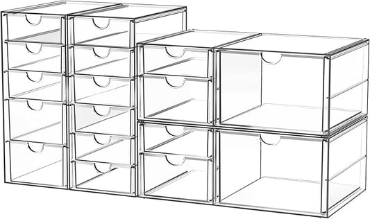 Acrylic Makeup Organizer with 17 Drawers, 4 Pack Clear Bathroom Counter Organizer for Palettes, Cosmetic, and Beauty Supplies,Ideal for Vanity, Cabinet,Desk Organization-NeatNest