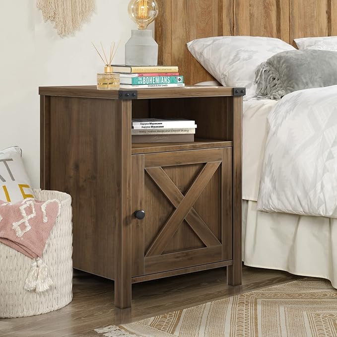 Catrimown Farmhouse Nightstand, Side Table End Table with Barn Door and Shelf, Modern Bed Side Table End Table, Rustic Nightstands Set for Bedroom, Living Room, Oak, 13.8D x 15.8W x 23.7H in-NeatNest