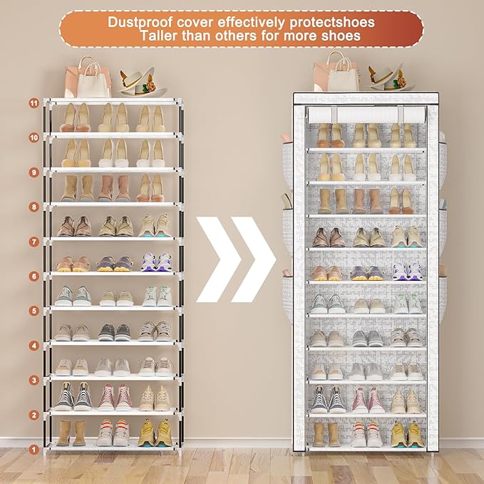 Shoes Rack 10 Tier Tall Shoe Rack with Storage Pockets, Fabric Covered Shoe Racks,Metal Shoes Rack Organizer for Closets,Bedroom, Garage-NeatNest