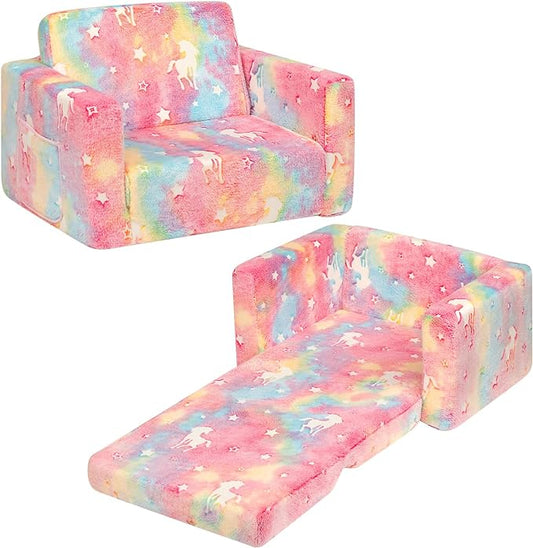 ALIMORDEN 2-in-1 Flip Out Cuddly Sherpa Toddler Couch, Convertible Sofa to Lounger,Glow-in-The-Dark Unicorn Pattern-NeatNest