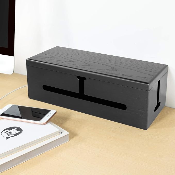 Large Cable Management Box-Stylish Wire Organizer, Wire Concealer and Wire Management Box-Wire Management Box with Protective Sleeve (Black)