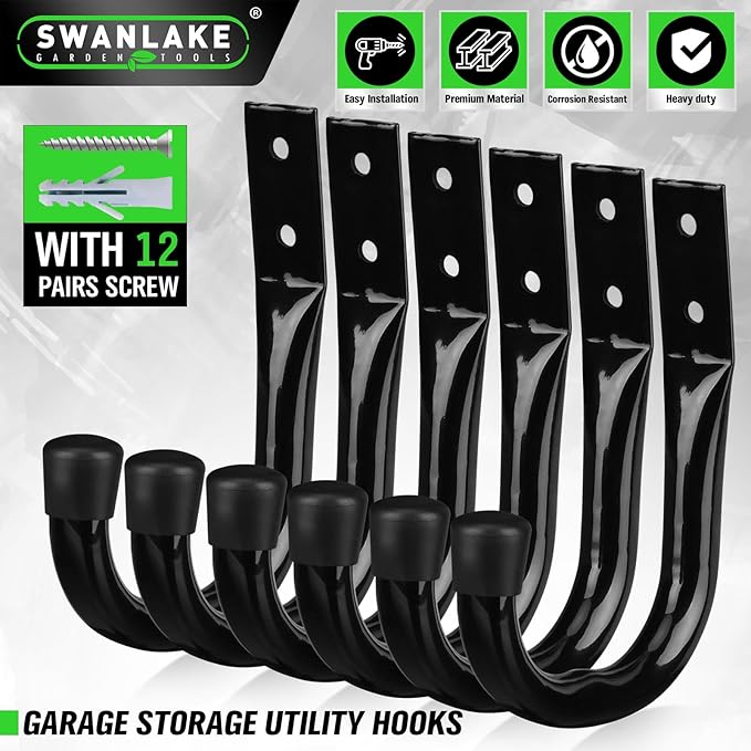 Heavy Duty Garage Storage Hooks, 6-piece Bike Hooks for Garage Wall, Utility Garage Hooks, Wall Mount J Hook for Hanging, Large Metal Storage Organizer Tool, Extension Cord Hanger-NeatNest