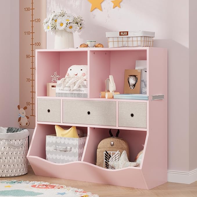 IDEALHOUSE 7-Cubby Large Kids Toy Storage Organizer, Children Wood Bookcase and Bookshelf, 3-Tier Toy Storage Cabinet with 3 Drawers for Hallway, Playroom, Living Room, School, 2 Set Pink