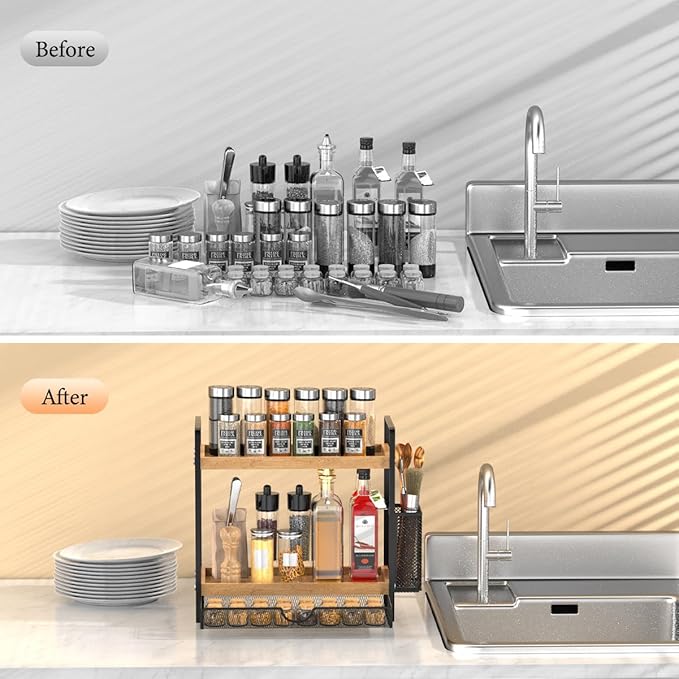 2 Tier Spice Rack Organizer for Countertop with Drawer and Basket, Suitable for Coffee Organizer, Kitchen Counter Storage, Bathroom Storage-NeatNest