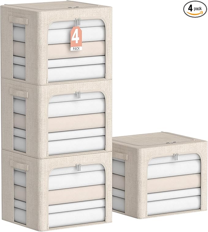 4 Pack Clothes Storage Bins with Metal Frame - Linen Fabric Foldable Stackable Container Organizer Set with Clear Window & Carry Handles & Zippers (Beige, 15.7"x11.8"x11.8")-NeatNest