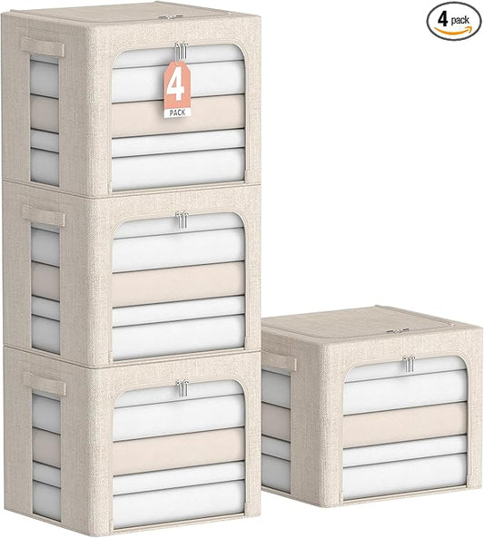 4 Pack Clothes Storage Bins with Metal Frame - Linen Fabric Foldable Stackable Container Organizer Set with Clear Window & Carry Handles & Zippers (Beige, 15.7"x11.8"x11.8")-NeatNest