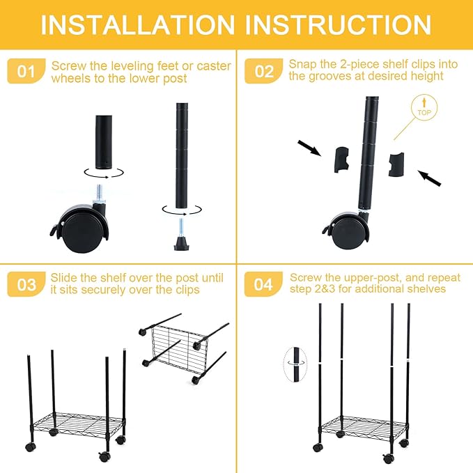 HealSmart Heavy Duty 6-Tier Shelving Units Adjustable, Wire Shelf with 1000 lbs Capacity (250 per Shelf), 77cm D x 36.5cm W x 21.5cm H, Black, 6 Levels, Storage Shelf with Wheels & Leveling Feet