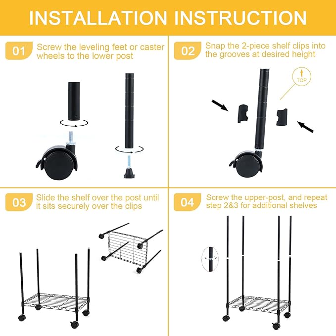 HealSmart Heavy Duty 6-Tier Storage Shelves, 17'' D x 11'' W x 63'' H Adjustable Shelving Unit with Wheels and Hanging Hooks, Black