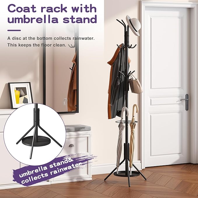 Coat Rack Freestanding,Entryway Hanger Stand,Umbrella Holder,Hall Tree With 12 Hooks, Floor Standing Metal Tree Stand,Black-NeatNest