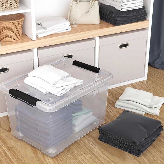 32 Quart Clear Plastic Latch Storage Bins with Wheels, 4 Pack Large Clear Plastic Storage Box with Lid